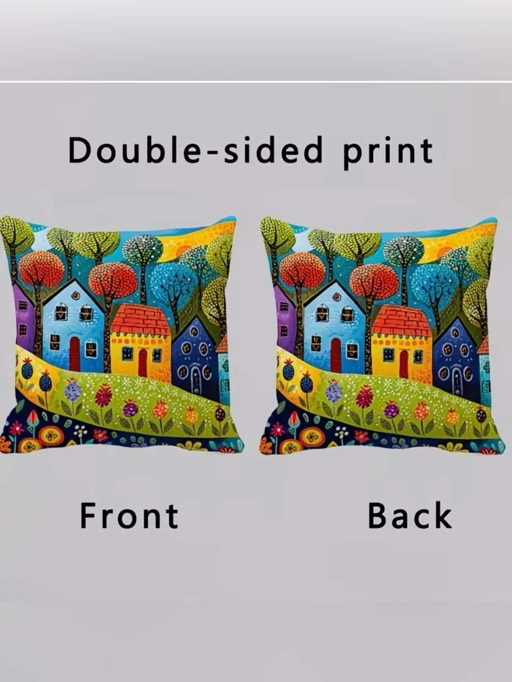 Whimsical Folk Art Colorful Village Throw Pillow Case Double Sided Cover